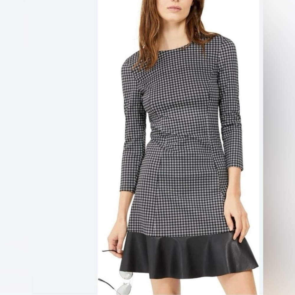 NWOT MICHAEL KORS Black & White Houndstooth Dress With Pleated Chiffon Hem Sz S